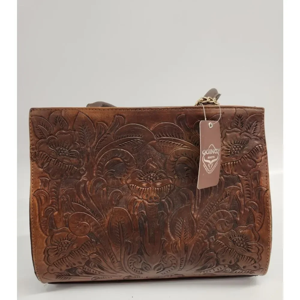 QUINCY BOOTS NWT 100% GEN LEATHER TOOLED SATCHEL BAG